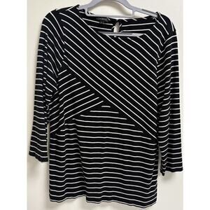 Talbots Stripe Top L Black White Stretch 3/4 Sleeve